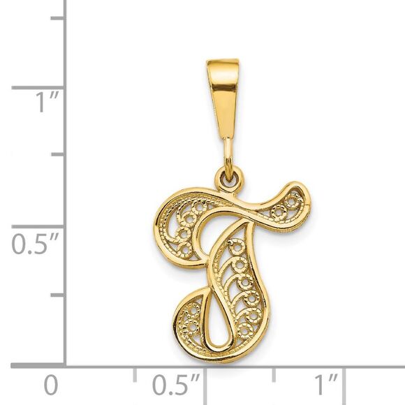 14k Yellow Gold, Maci Collection, LG Filigree Script Initial T Pendant - Picture 4 of 5